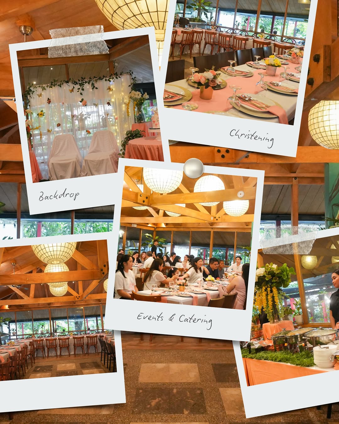 Miguel's Garden Cafe set up for events and catering — decorated tables, globe lights, and the A-frame wooden canopy